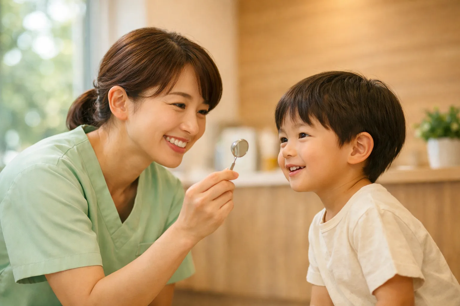 笑顔の親子と歯科医師